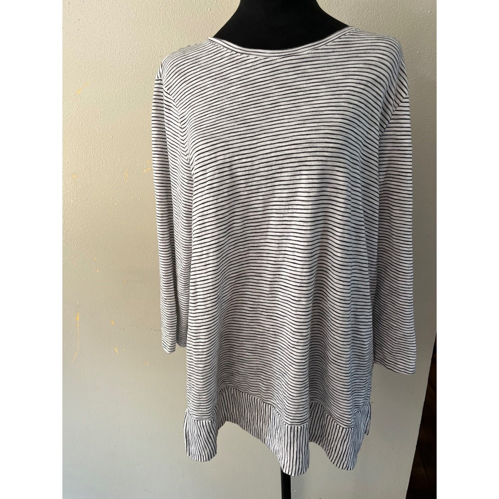 LANDS END Tunic Top Striped Crew Neck Women L White Black Casual Long Sleeve